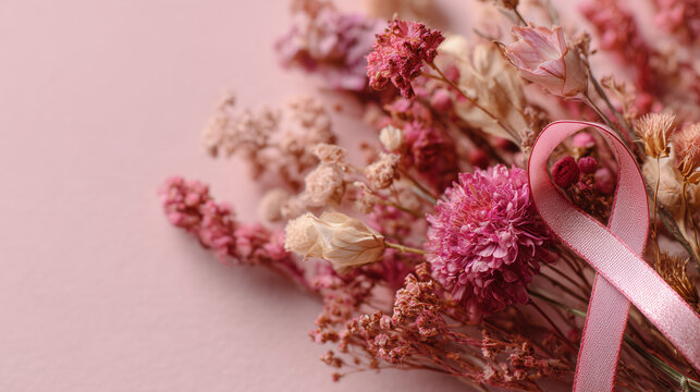 Pink ribbon made from delicate dried flowers and botanical stems, placed diagonally across the lower third, huge pale background above, luxury botanical awareness campaign, natural soft light