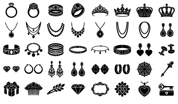 Luxury Jewelry Ring Necklace Bracelet Tiara Black Silhouette Vector Icons