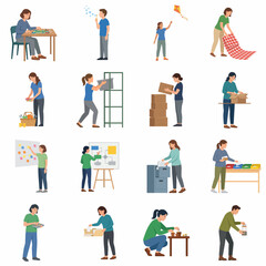 Fototapeta premium Flat Vector Illustration Set of People Performing Various Daily Activities Work Hobbies and Household Chores Isolated on White