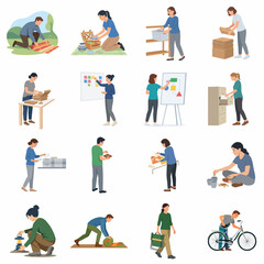 Fototapeta premium Vector Illustration Set of Diverse People Organizing Sorting and Preparing for Various Home Office and Outdoor Activities