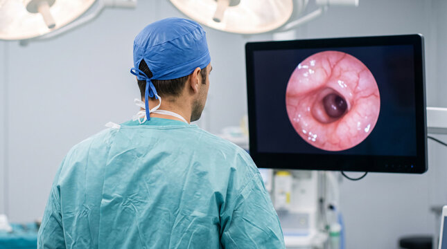 Surgeon in blue scrubs and cap views endoscopy screen showing internal organ image in bright operating room