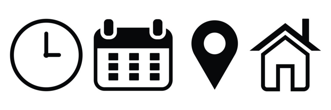 Minimal time address location pin and home ui graphic element set, modern time address location pin and home interface flat icons