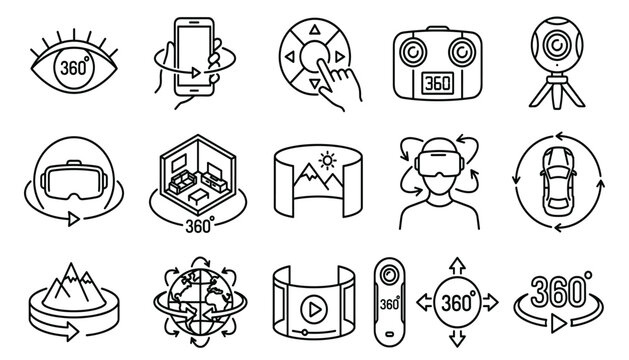 Virtual reality and 360 degree vector icon set featuring vr headset panorama view camera simulation and panoramic technology