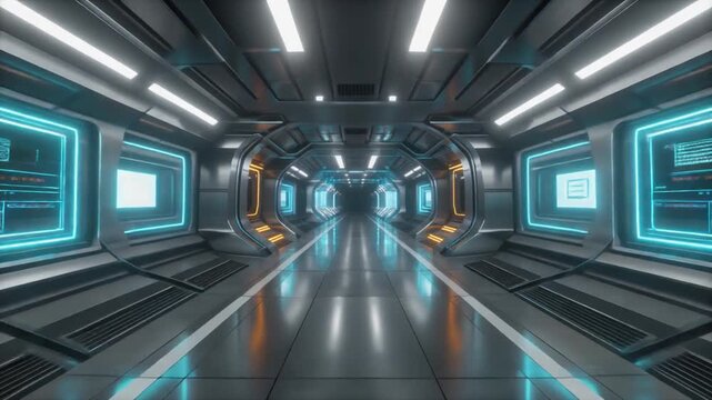 Futuristic spaceship corridor interior. Metallic sci-fi hallway with glowing orange neon lights and digital data screens. 3D render of spaceship station with forward dolly motion for sci-fi.
