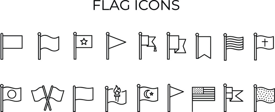  national world flag icons set line art banner pennant symbols collection vector illustration on white background