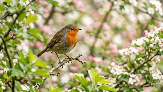 4K Video of a robin perched on a branch surrounded by delicate spring blossoms and soft green foliage.