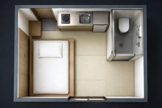 A top-down view shows a narrow capsule apartment with a single bed, compact kitchen, wardrobe and tiny bathroom. Minimal urban housing