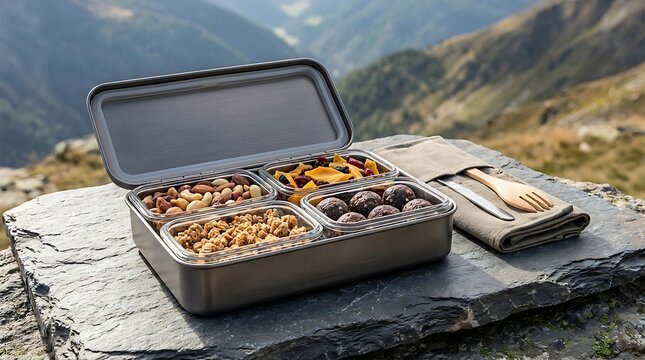 Healthy bento lunch box with snacks and fruit placed on a dark stone surface outdoors in nature
