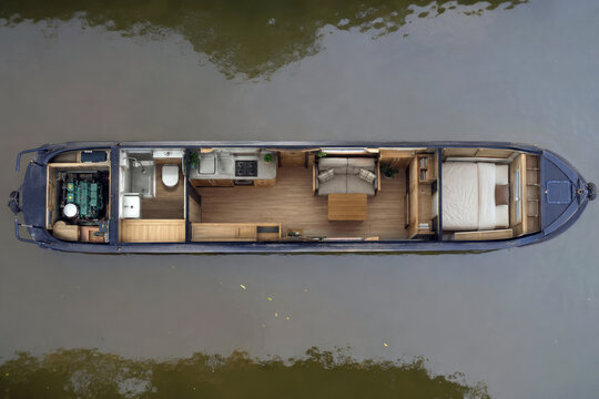 A top-down view reveals a narrow liveaboard boat with a sleeping cabin, galley, bathroom, lounge and engine area. Compact marine living