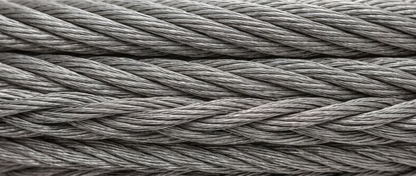 Braided steel cable texture close up. Heavy duty metallic wire rope background