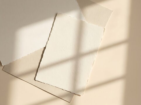 Blank paper cards with rough edges and creative window light shadows on a soft beige surface background. vertical postcard mockup