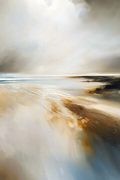 Abstract coastal landscape painting featuring expressive brushstrokes and neutral tones, evoking a sense of calm and expansive space