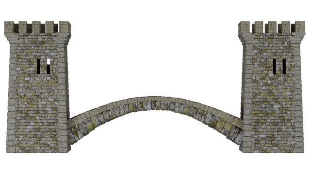 Two Medieval Towers Arch Bridge Castle Historic Art