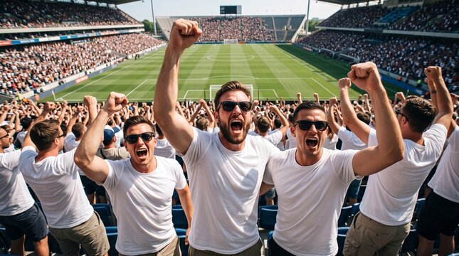 Excited soccer fans in white t-shirts cheering with raised fists in stadium stands during a match victory conveying football passion, fandom, and sports emotion