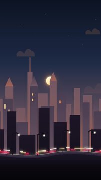 Minimalist city skyline illustration at night with skyscrapers moon and light trails. City parallax motion loop