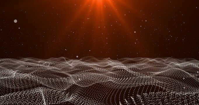 Panoramic flight moves low across a glowing cyan blue digital ocean constructed from interconnected lines. Overhead light rays cast atmospheric glows on flowing network terrain.