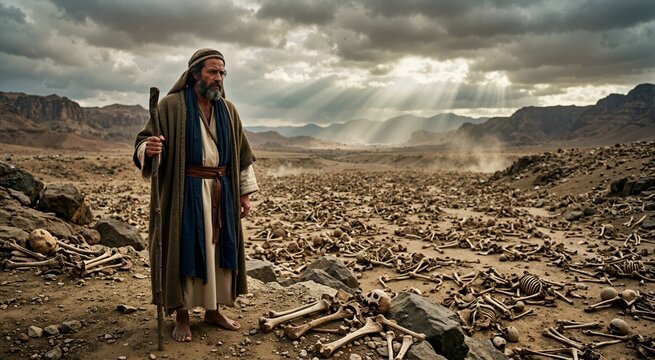 Prophet Ezekiel in the valley of dry bones. Biblical prophet standing among human bones under a dramatic sky. Old Testament prophecy scene