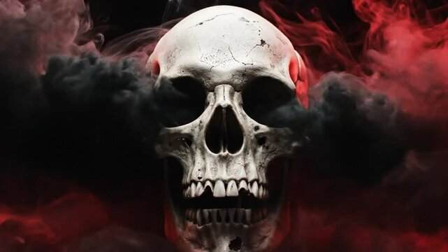 Spooky realistic skull with detailed teeth surrounded by ominous red and black smoke against a dark background.