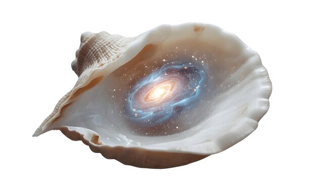 Delicate open seashell containing a glowing miniature pearl galaxy with tiny stars and cosmic dust, surreal fantasy object, highly detailed, isolated on transparent background, clean PNG cutout