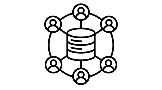 A black and white line art icon showing a central database server connected to multiple user profile avatars representing a shared data network
