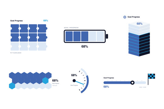 Creative progress trackers with battery gauge puzzle and hexagon grid templates.