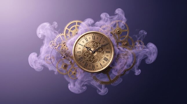 Ornate golden clock face surrounded by intricate metallic gears and swirling purple smoke captured with artistic digital 3D render style