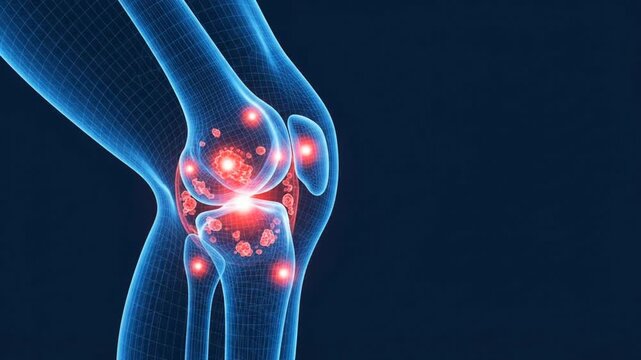 3D medical animation of a human knee joint showing pain and inflammation with glowing red spots on a blue wireframe skeletal structure
