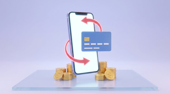 Digital smartphone display showing credit card payment processing with golden coin stacks using soft lighting in a 3d rendered style