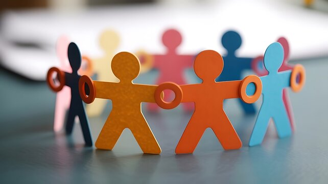 A circle of colorful paper cutout people holding hands on a desk, representing unity, diversity, teamwork, community, and social connection