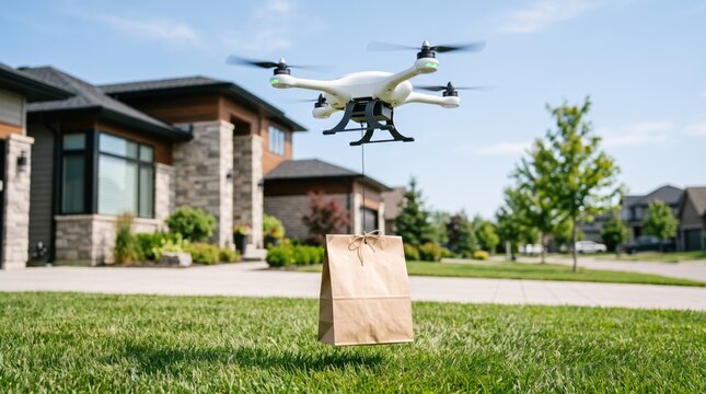 White quadcopter drone delivering paper takeout bag over green lawn near modern suburban house. Food delivery by drone on residential street.