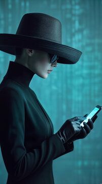 Mysterious woman in wide-brimmed hat and sunglasses using smartphone. Digital espionage and cyber security concept in futuristic urban setting.