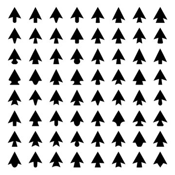 Grid of sixty-four unique black arrowhead icons for user interface design