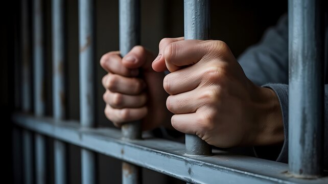 Close up of hands holding onto iron prison bars in a dark environment, representing incarceration, legal consequences, and loss of personal liberty