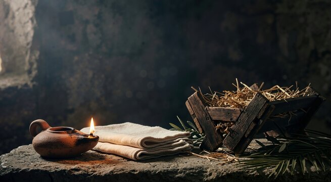Burning clay oil lamp near folded linen and wooden manger with straw. Christian Christmas Nativity scene background
