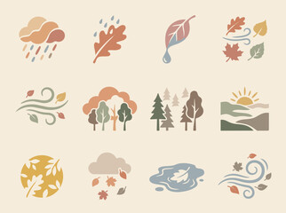 Obraz premium Autumn Weather and Nature Icon Set – Flat Fall Rain, Wind and Landscape Symbols