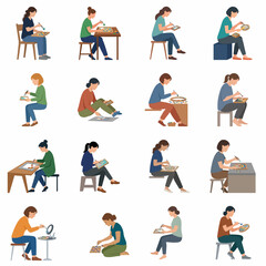 Fototapeta premium Flat vector illustration set of women engaged in creative hobbies like pottery making, ceramics, sewing, and art. Professional female artists working on handmade crafts isolated on white background.