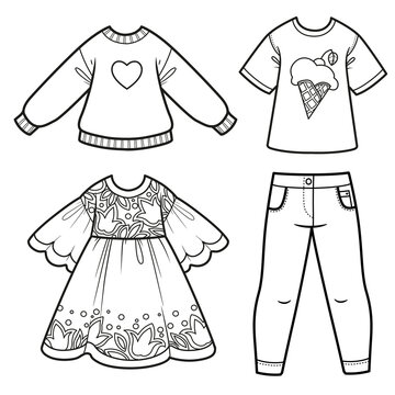 Casual long sleeve, summer dress with flowers, jeans and T-shirt with ice cream print outline for coloring on a white background