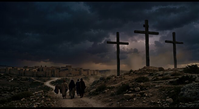 Three wooden crosses on Golgotha under a stormy sky. Good Friday crucifixion scene with ancient Jerusalem in the distance
