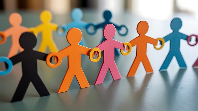A line of colorful paper cutout people figures holding hands, representing teamwork, unity, diversity, and social connection in a setting