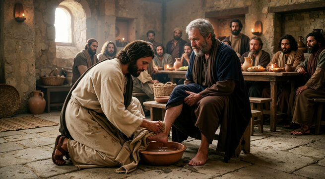 Jesus washing the feet of his disciple Peter with a basin of water and towel. Last supper Maundy Thursday service and humility concept. Biblical interior scene