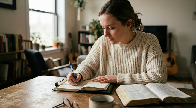 Young woman writing in devotional journal next to open Bible. Person studying scripture at table at home