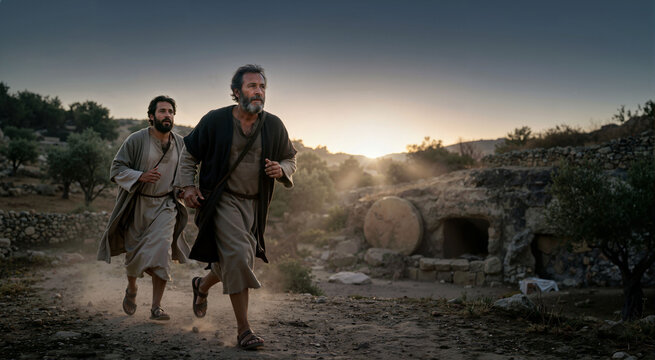 Apostles running to the empty tomb at sunrise. Biblical easter resurrection morning scene. Peter and John in ancient robes on path