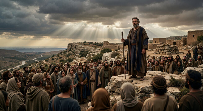 Prophet Elijah standing before a crowd on Mount Carmel. Biblical Elijah addressing people under a dramatic cloudy sky. Old Testament history scene