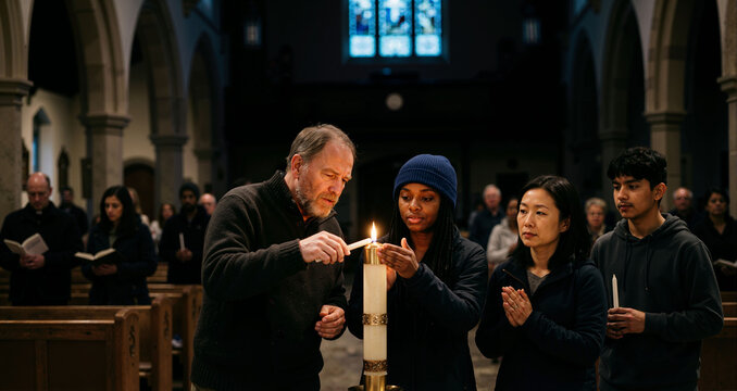 Diverse congregation lighting a large Paschal candle in a dark church. Christian Easter Vigil on Holy Saturday