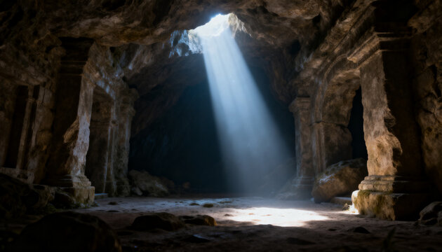 Ancient stone cavern interior features dramatic natural light beams streaming through a hole in ceiling