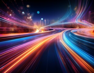 Obraz premium speedy light lines glow with motions on the city night curvy road with colorful bokeh background