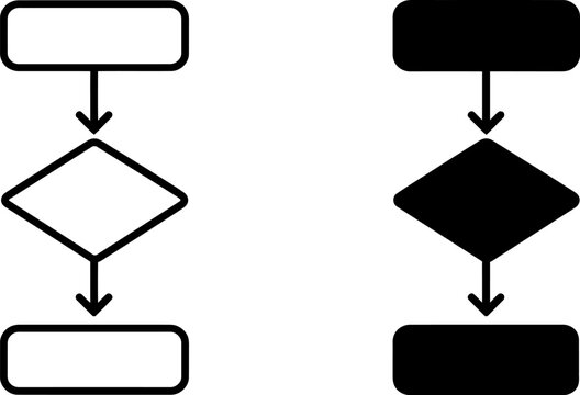 Minimalist flowchart diagram icons, black and white process map symbols, simple logic algorithm vector elements for business presentations