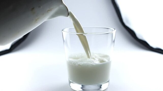 Pouring fresh milk from a white pitcher into a clear glass, creating frothy bubbles and refreshing drink