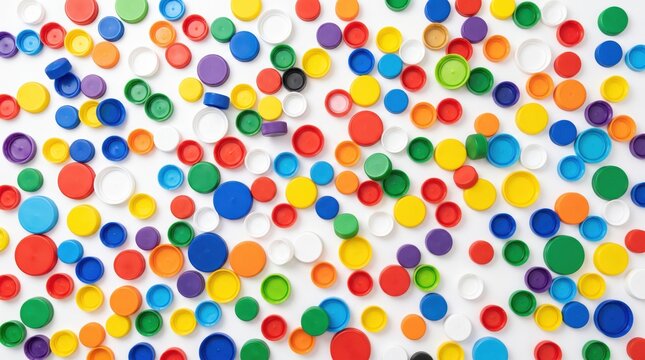 Colorful plastic bottle caps scattered across a white background, symbolizing plastic waste, recycling, environmental pollution, sustainable consumption and social responsibility