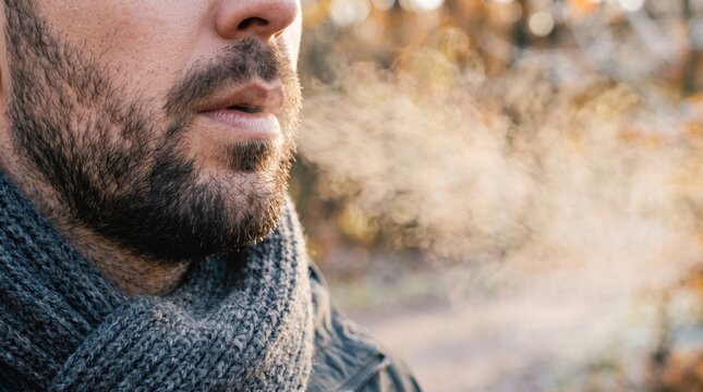 Close-up of a man breathing visible vapor in cold autumn weather, representing low temperature, chilly air, seasonal change and approaching winter